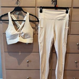 Fabletics Cream Leggings High-Waisted Stretchy Fit and Matching Workout Top